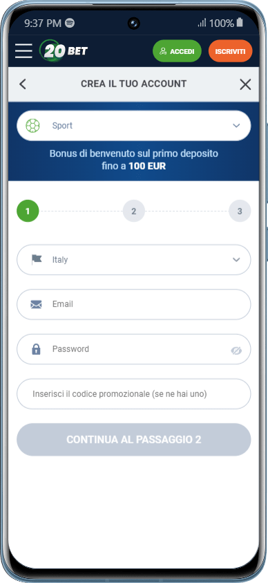 Registro dell'app 20Bet
