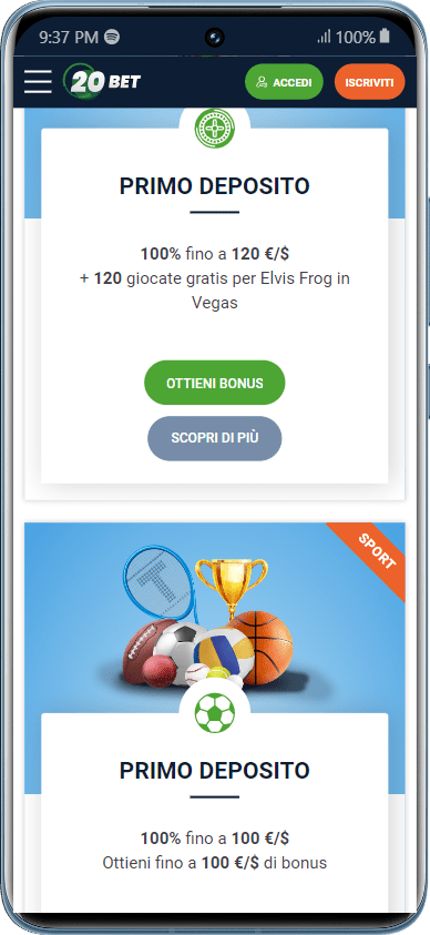 Tutte le promozioni disponibili sull'app 20Bet con bonus di benvenuto per scommesse sportive e casinò online